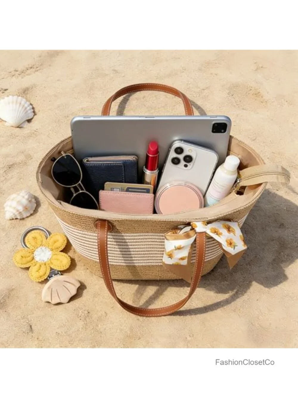 Straw Wide Brim Sun Hat and Woven Tote Bag Set with Hat Clip